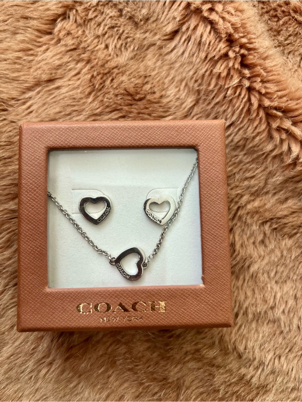 COACH Heart Necklace & Earrings Set – Silver – Brand New